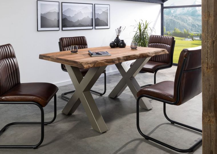 Table à manger 160x90 en bois de Sheesham teinté brun mat pieds en X gris FREEFORM 5