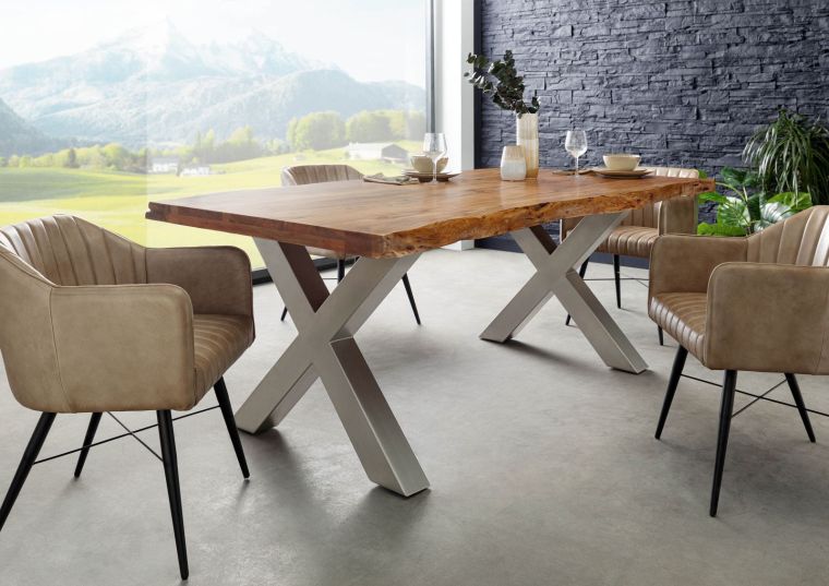 Table à manger 180x90 en bois dacacia brun pieds en X gris FREEFORM 5