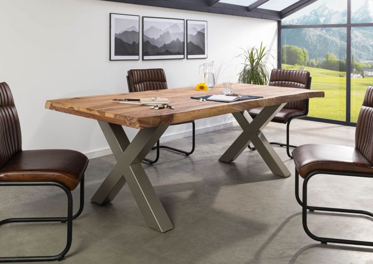 Table à manger 180x90 en bois de Sheesham sablé bois naturel pieds en X gris FREEFORM 5