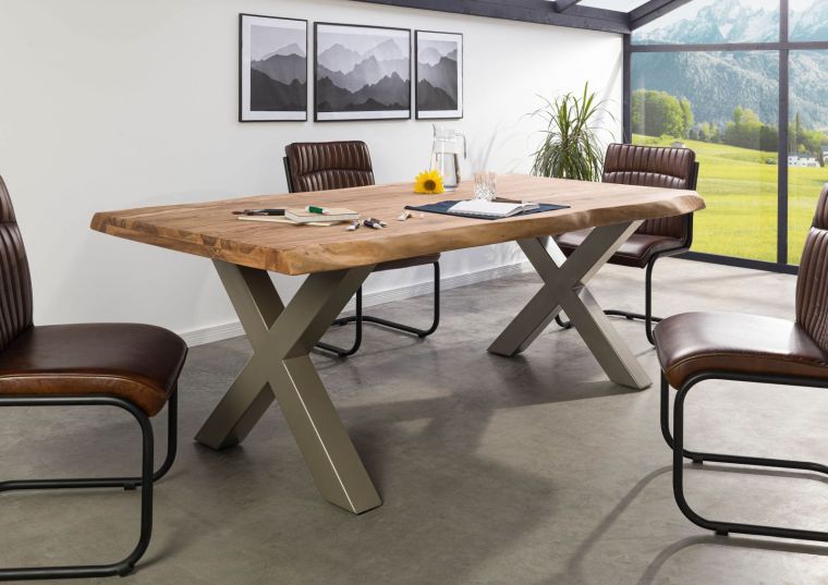 Table à manger 180x90 en bois de Sheesham bois naturel pieds en X gris FREEFORM 5