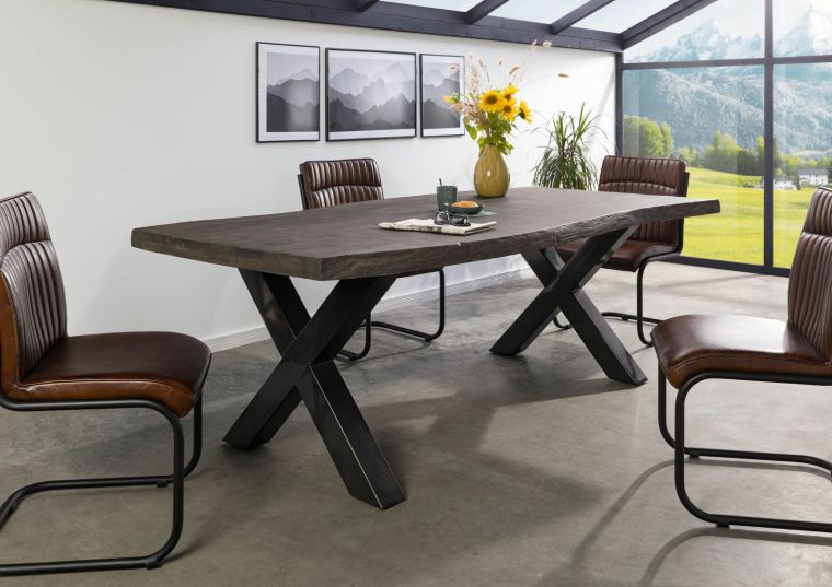 Table à manger 180x90 en bois de manguier laqué gris taupe pieds en X anthracite brillant FREEFORM 5