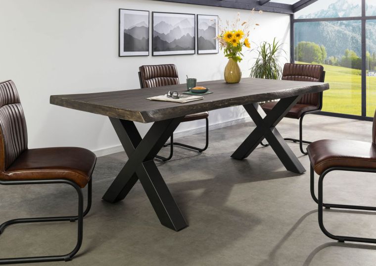 Table à manger 180x90 en bois de manguier laqué gris taupe pieds en X anthracite mat FREEFORM 5