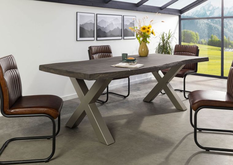 Table à manger 180x90 en bois de manguier laqué gris taupe pieds en X gris FREEFORM 5