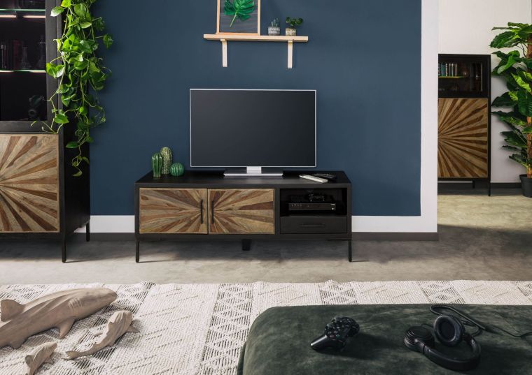 Meuble TV en bois de manguier et de bois de palissandre laqué noir et brun SUN#105