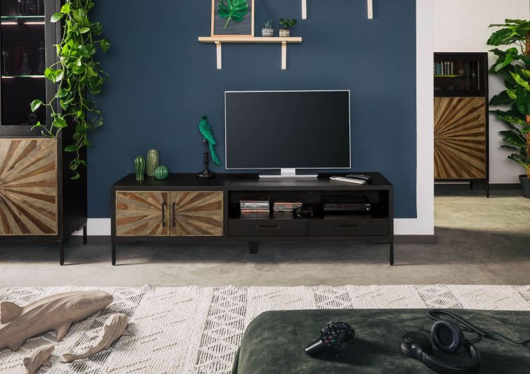 Meuble TV en bois de manguier et de bois de palissandre laqué noir et brun SUN#106