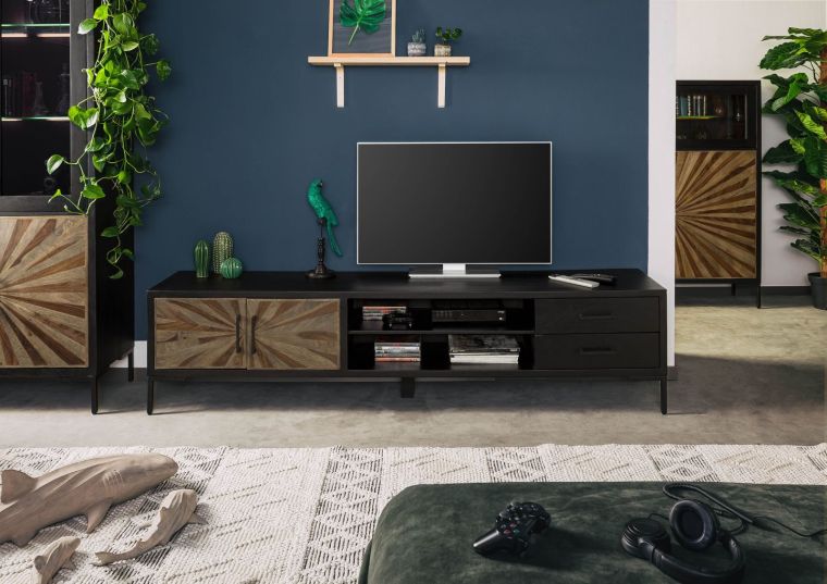 Meuble TV en bois de manguier et de bois de palissandre laqué noir et brun SUN#107