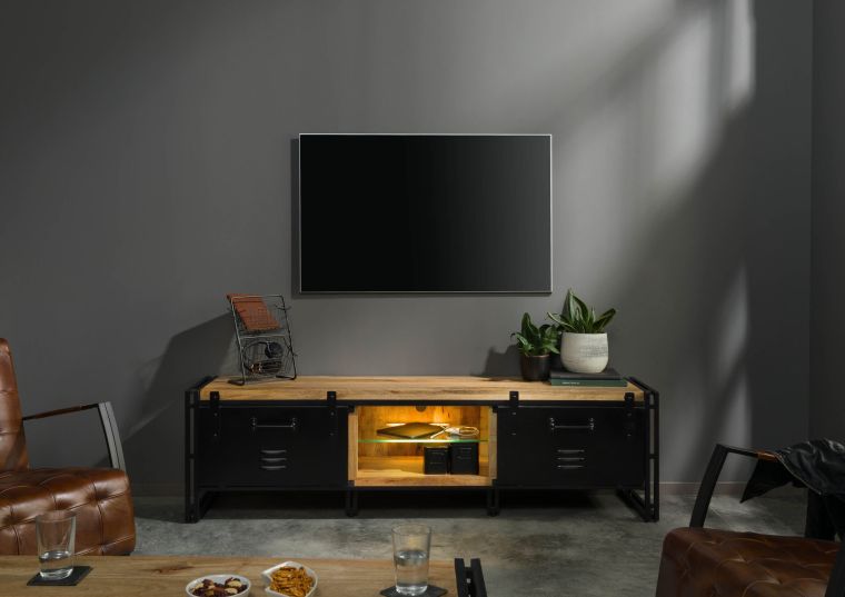 Meuble TV en bois de manguier 200x45x55 naturel laqué / Métal noir BLACKBURN #101