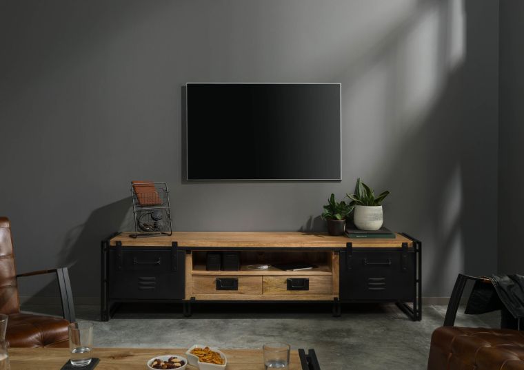 Meuble TV en bois de manguier 220x45x55 naturel laqué / Métal noir BLACKBURN #112