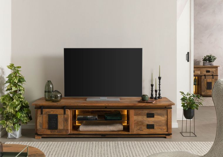 Meuble TV en bois de Manguier / Bois de récupération 200x55x50 naturel laqué RAILWAY LUX #131