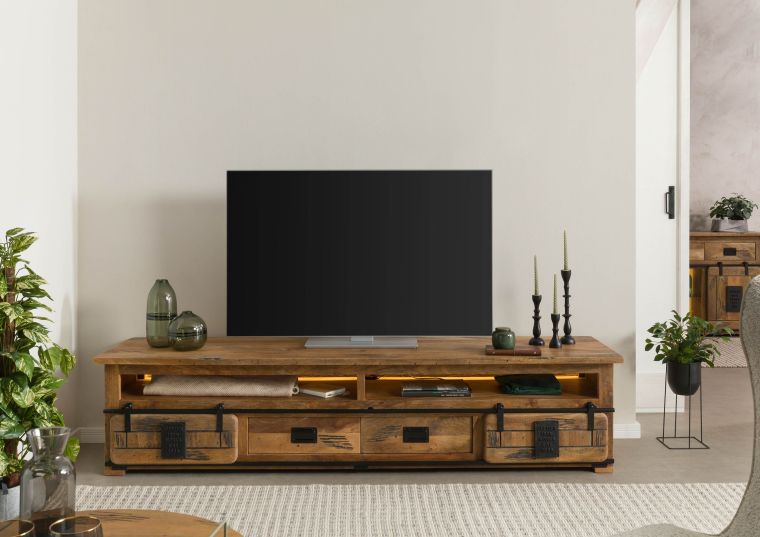 Meuble TV en bois de Manguier / Bois de récupération 220x55x50 naturel laqué RAILWAY LUX #132