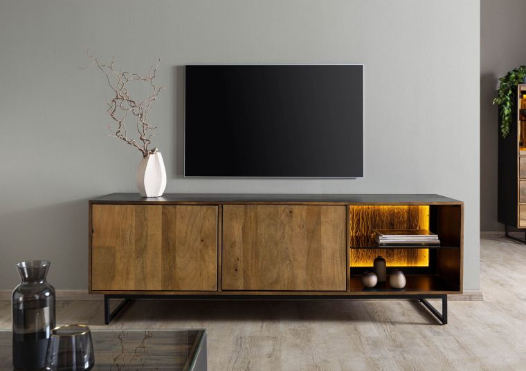 Meuble TV en bois de Manguier / Bois de récupération 180x47x60 noir / naturel laqué DAVIS #10