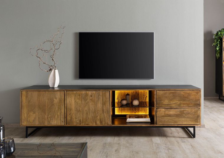 Meuble TV en bois de Manguier / Bois de récupération 220x47x60 noir / naturel laqué DAVIS #22