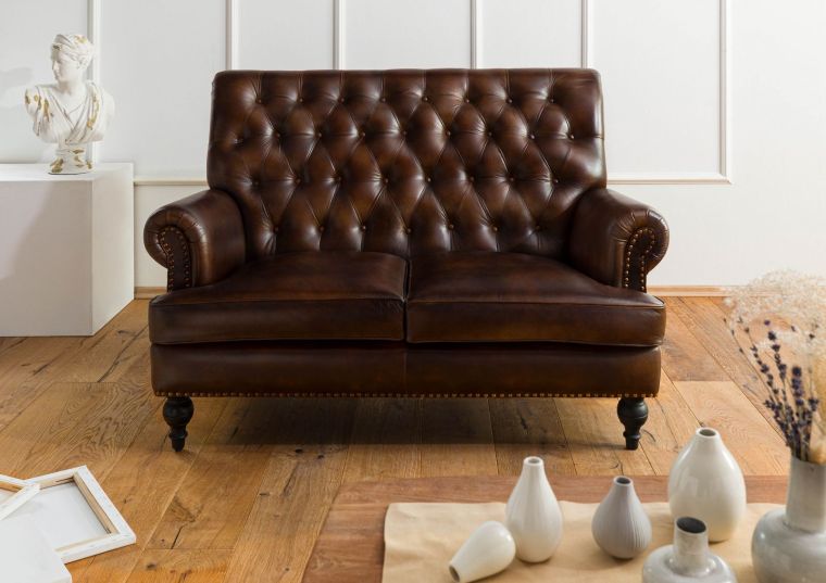 Canapé 2 places en cuir véritable marron CHESTERFIELD #106
