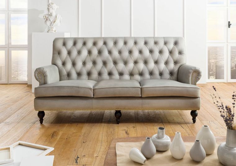 Canapé 3 places en cuir véritable gris CHESTERFIELD #207