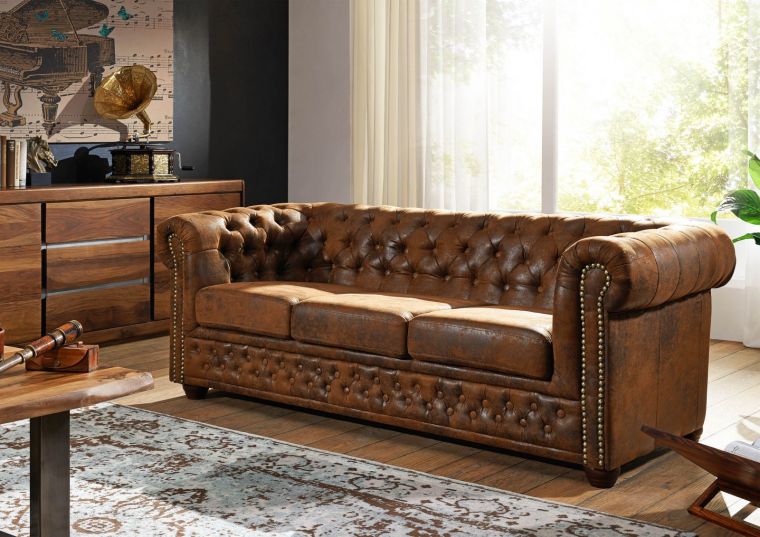 Canapé 203x86 100% Polyester Brun 3 places CHESTERFIELD